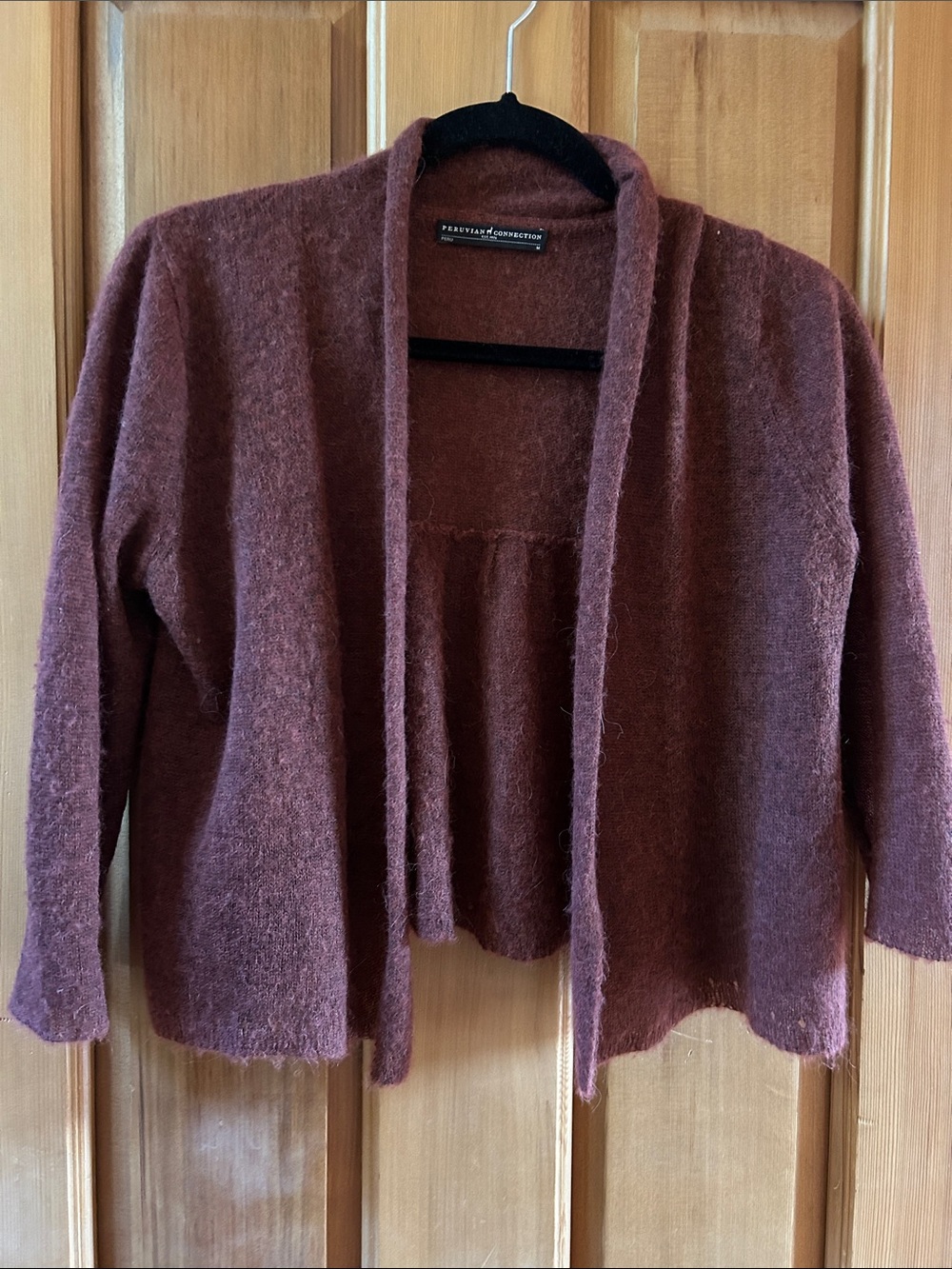 Peruvian Connection Soft Open-Front Cardigan in Plum Brown